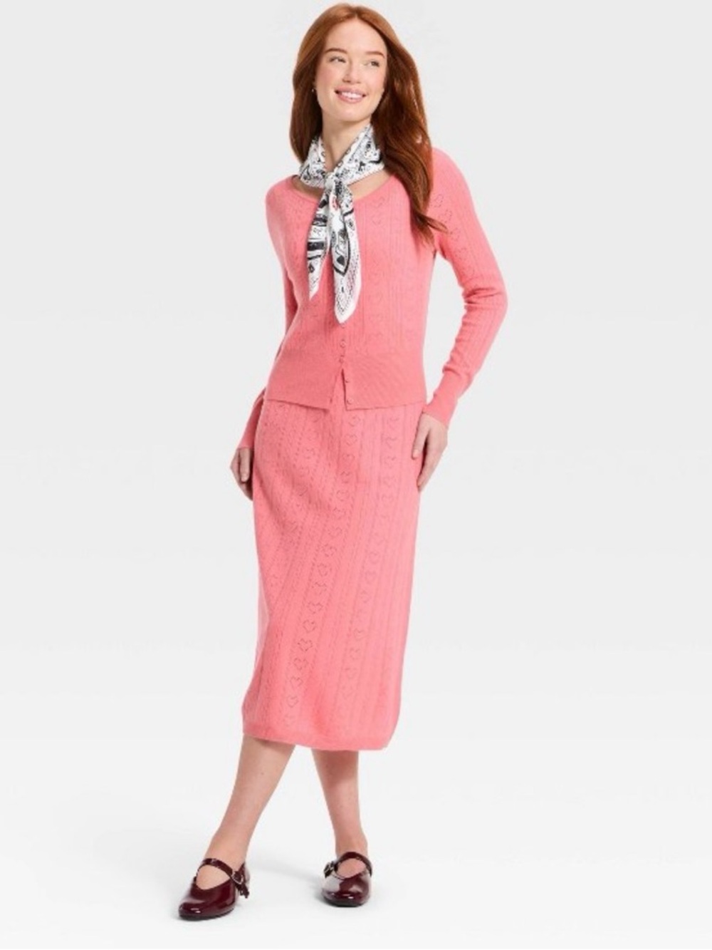 Women's Pink Cable-Knit Midi Skirt and sweater set